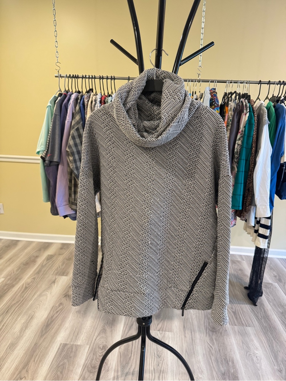 Cozy Gray Cowl Neck Sweater with Zip Pocket
